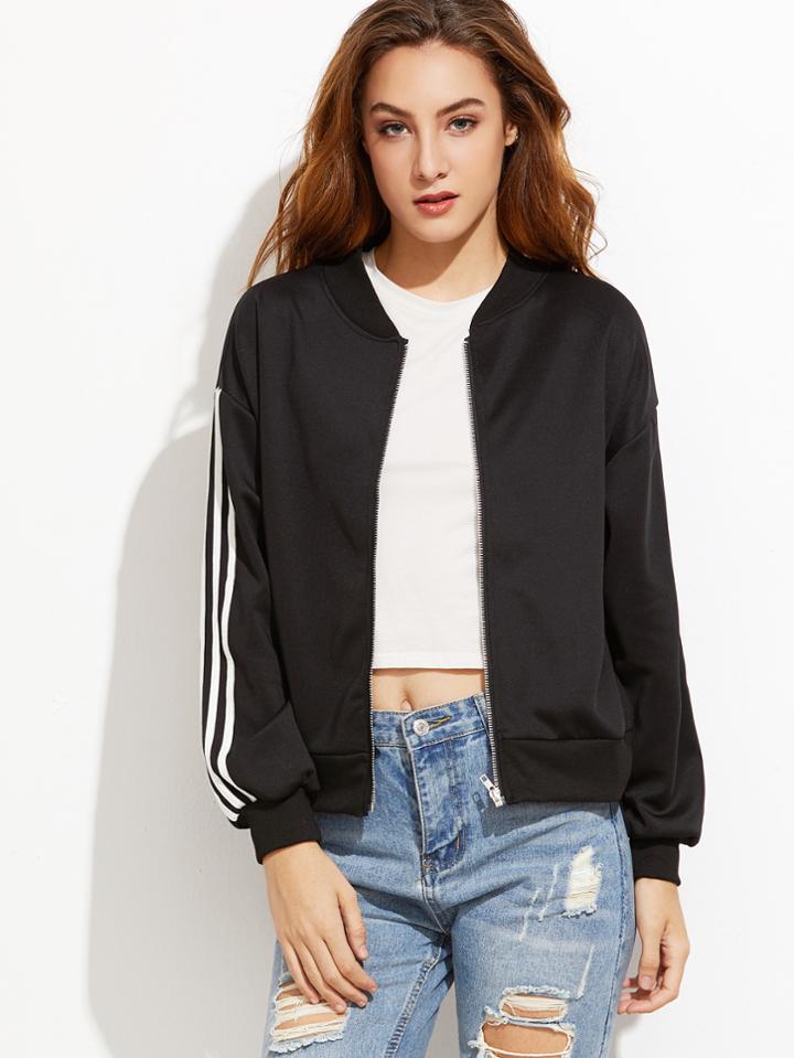 Shein Black Drop Shoulder Striped Trim Bomber Jacket