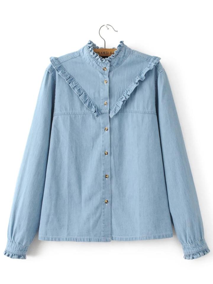 Shein Blue Ruffle Trim Denim Blouse