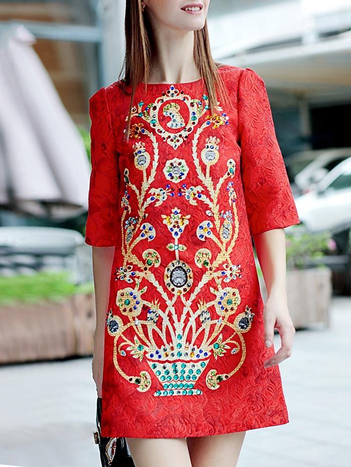 Shein Red Round Neck Half Sleeve Beading Dress