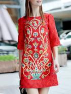 Shein Red Round Neck Half Sleeve Beading Dress