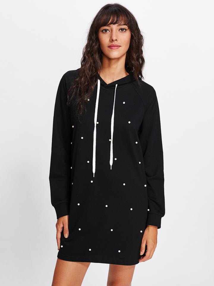 Shein Pearl Beading Hooded Sweatshirt Dress