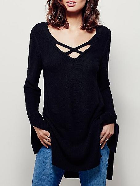Shein Black V Neck Cross Front Split Knitwear