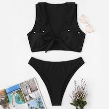 Shein Tie Front Top With High Leg Two Piece Swimwear