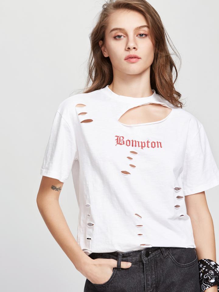 Shein Letter Print Distressed Slub T-shirt