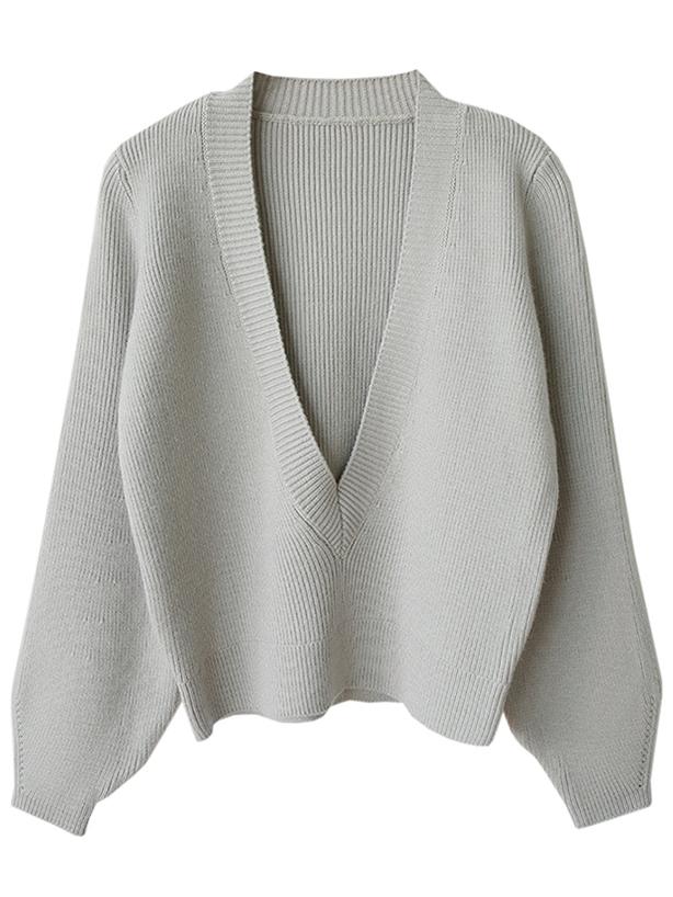 Shein Grey Lantern Sleeve Plunge Ribbed Jumper