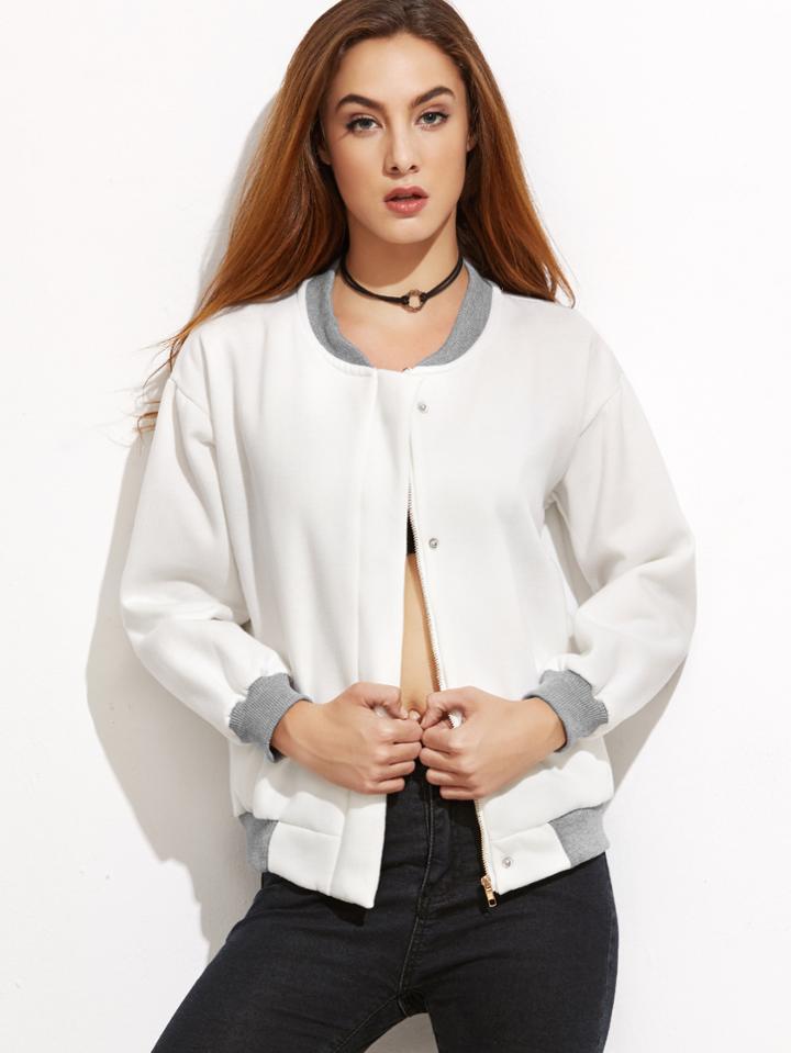 Shein White Contrast Ribbed Trim Jacket