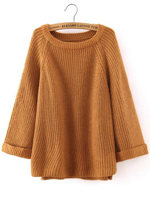 Shein Khaki Round Neck Long Sleeve Loose Sweater