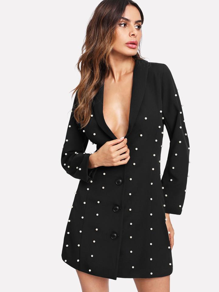 Shein Pearl Beading Longline Blazer