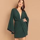 Shein Plus Plunging Neck Bell Sleeve Dress