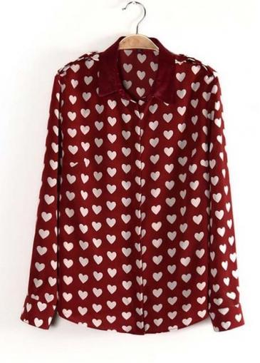 Rosewe Lovely Heart Print Wine Red Single Breasted Shirts