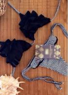 Rosewe Stripe Print Ruffle Decorated Bikini Set