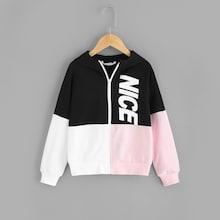 Shein Girls Zip Up Color-block Hoodie