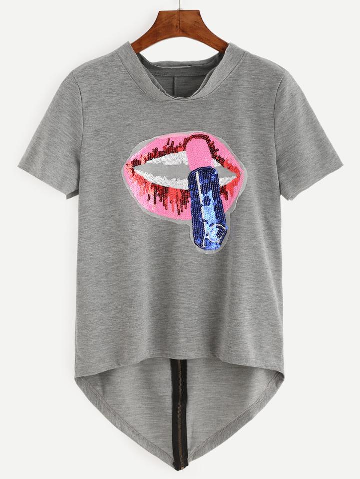 Shein Heather Grey Sequin Lip Zip Back High Low T-shirt