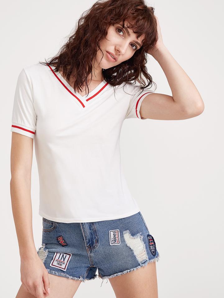 Shein White Double V Neck Striped Trim T-shirt