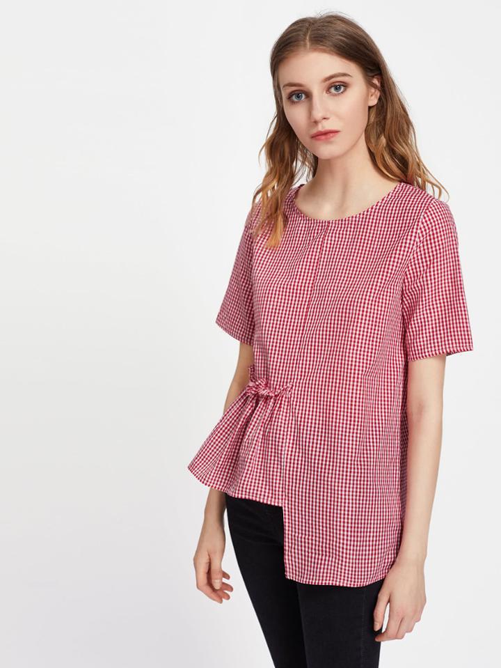 Shein Frill Trim Staggered Hem Gingham Top