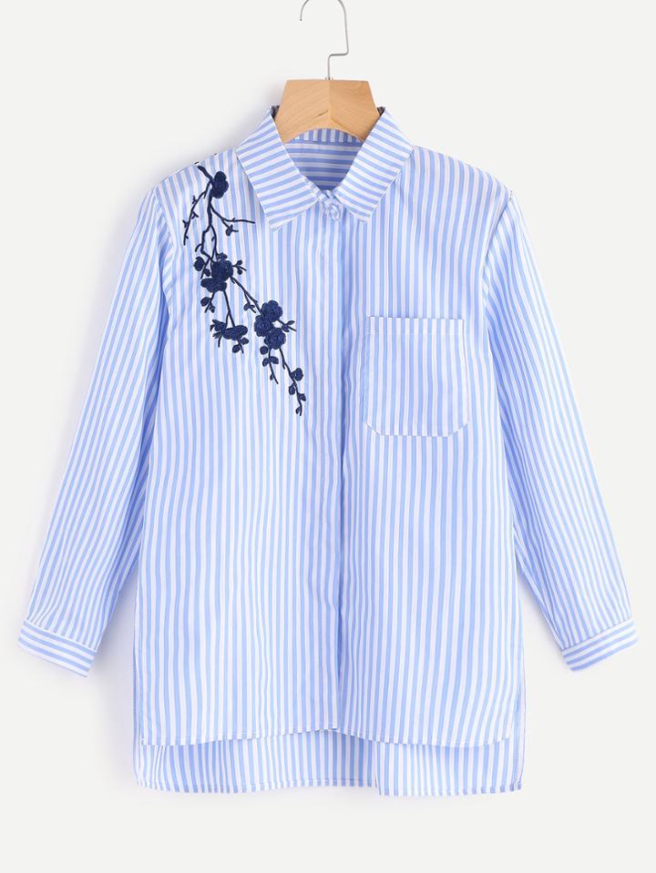 Shein Vertical Striped Flower Embroidered Blouse