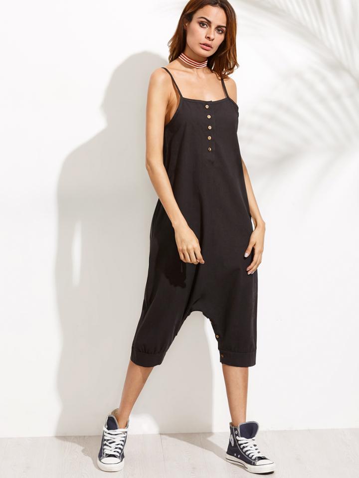 Shein Black Spaghetti Strap Button Front Jumpsuit