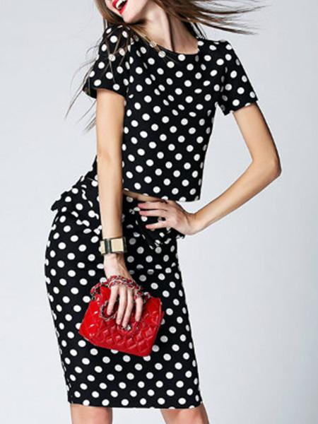 Shein Black Round Neck Short Sleeve Polka Dot Top With Skirt