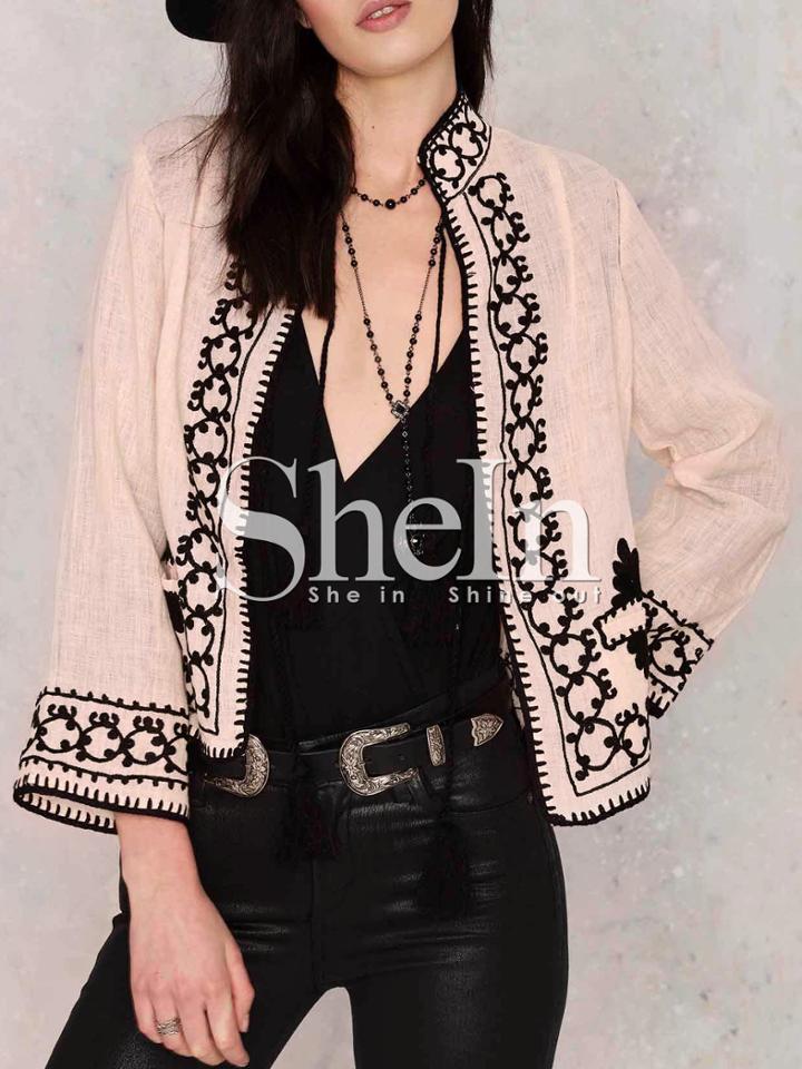 Shein Pink Collarless Tribal Embroidered Coat