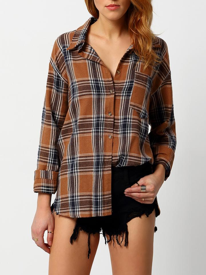 Shein Khaki Long Sleeve Plaid Pocket Blouse