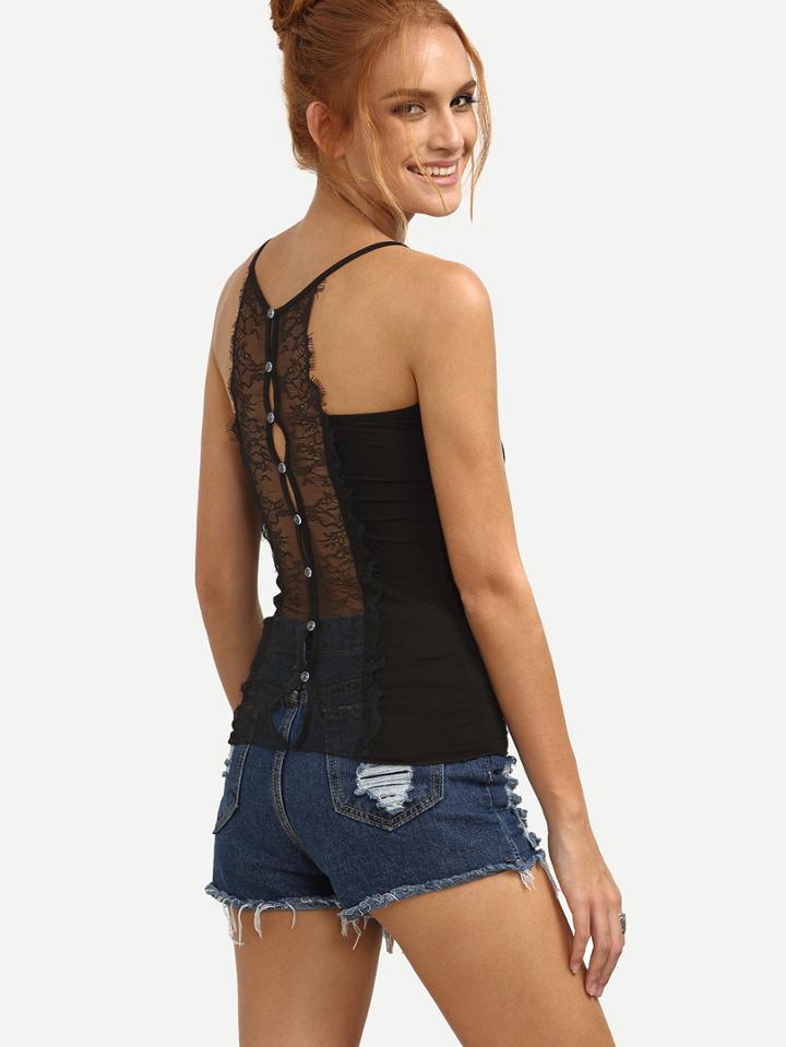 Shein Buttoned Lace Back Cami Top - Black