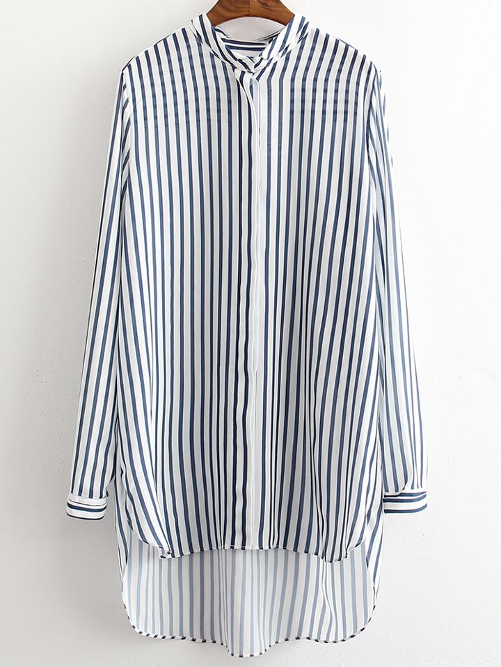 Shein Blue White Stripe Buttons Front High Low Shirt Dress