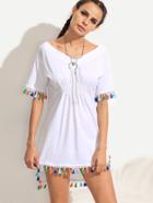 Shein White Tassel Trim Shirred High Low Dress