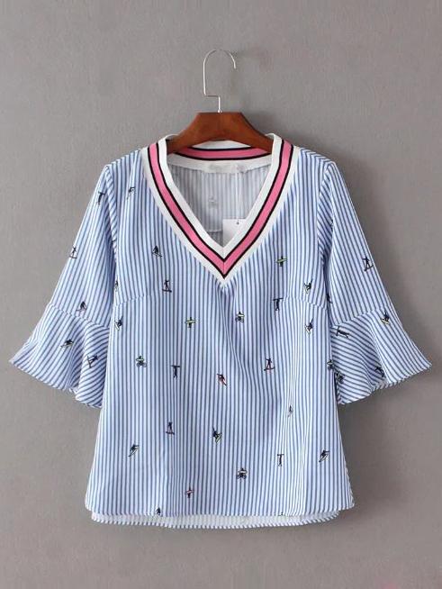 Shein Blue V Neck Ruffle Sleeve Stripe Blouse