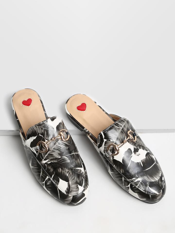 Shein Black Leaf Print Loafer Slippers
