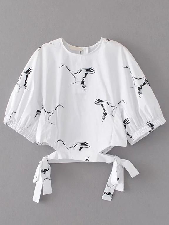 Shein White Cranes Print Tie Detail Blouse