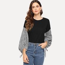 Shein Striped Bishop Sleeve Sweatshirt