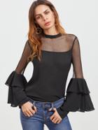 Shein Black Fishnet Shoulder Layered Bell Sleeve Top