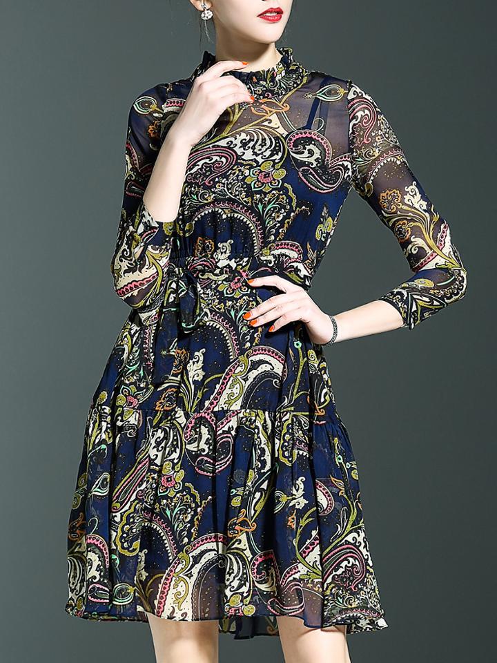 Shein Navy Tie-waist Vintage Print Dress