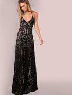 Shein Backless Mesh Filigree Applique Maxi Dress Black