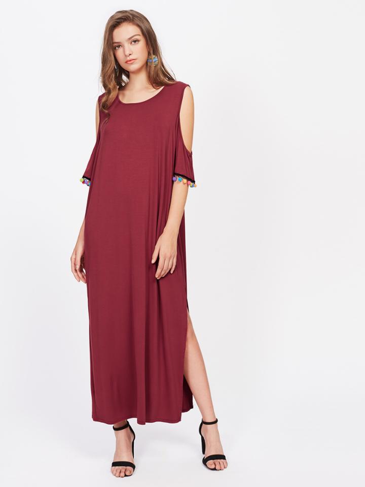 Shein Open Shoulder Low Back Slit Side Pom Pom Dress