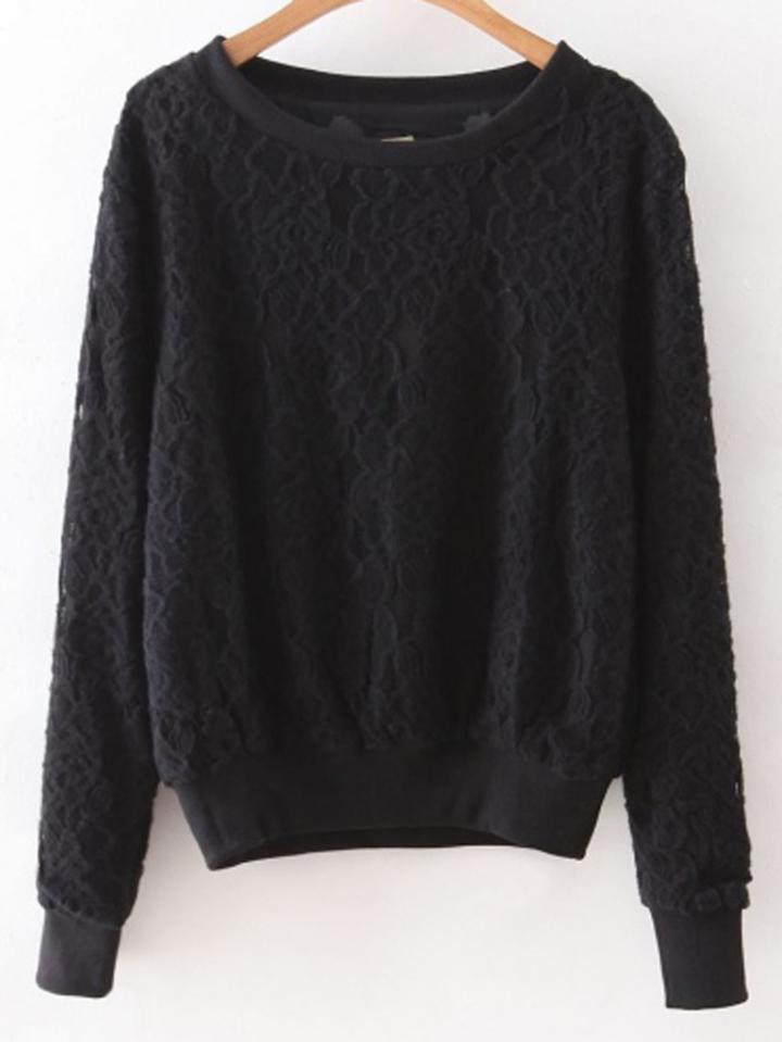 Shein Black Rib-knit Cuff Lace Sweatshirt