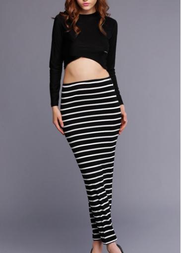 Rosewe Black Crop Top Match Striped Skirt