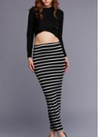 Rosewe Black Crop Top Match Striped Skirt