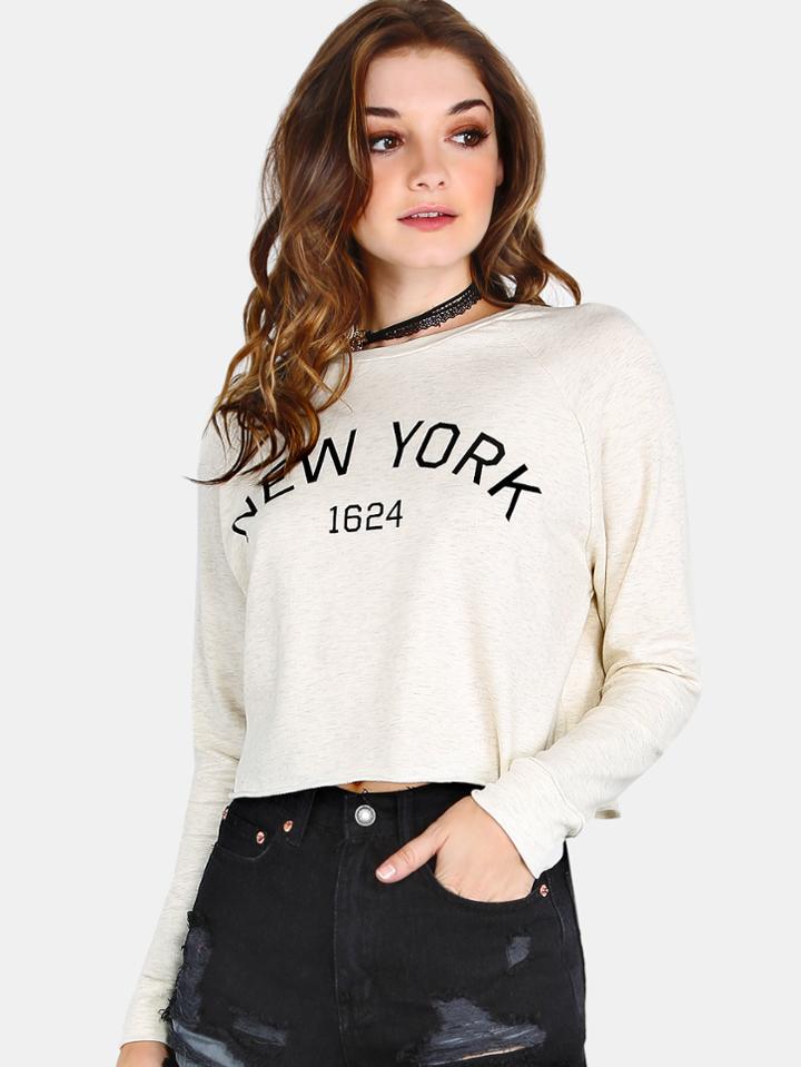 Shein Cropped New York Pullover Oatmeal