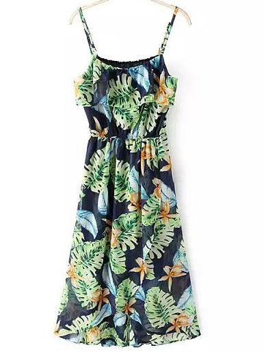 Shein Multicolor Flower Print Elastic Waist Spaghetti Strap Dress