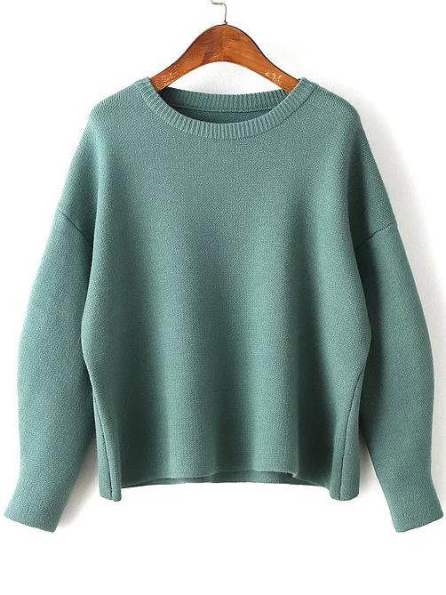 Shein Green Round Neck Ribbed Trim Drop Shoulder Knitwear
