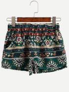 Shein Green Ornate Print Elastic Waist Shorts