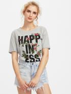 Shein Heather Knit Flower Embroidered T-shirt