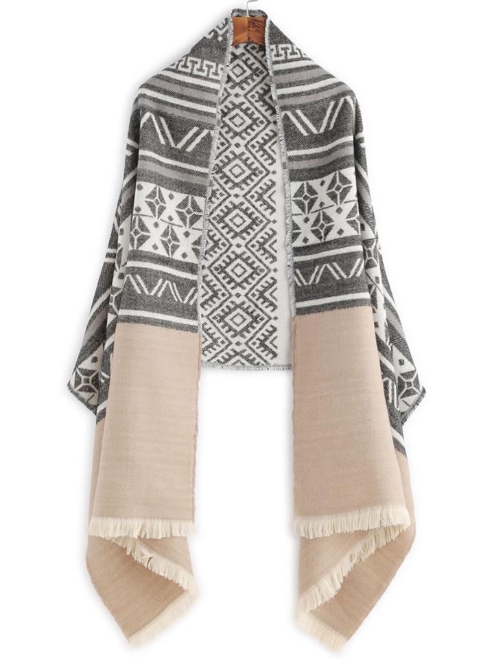 Shein Black And Beige Tribal Print Fringe Shawl Scarf