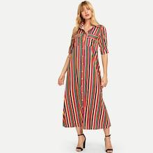 Shein Single Breasted Cuffed Sleeve Striped Dress