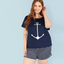 Shein Plus Anchor Print Tee And Striped Shorts Pajama Set