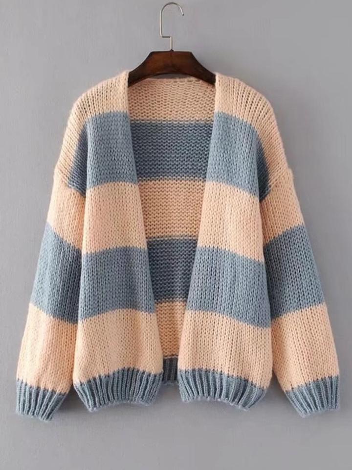 Shein Block Striped Open Front Cardigan