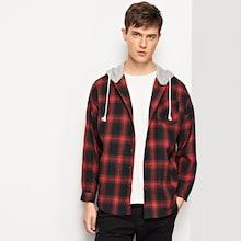 Shein Men Curved Hem Plaid Hooded Shirt