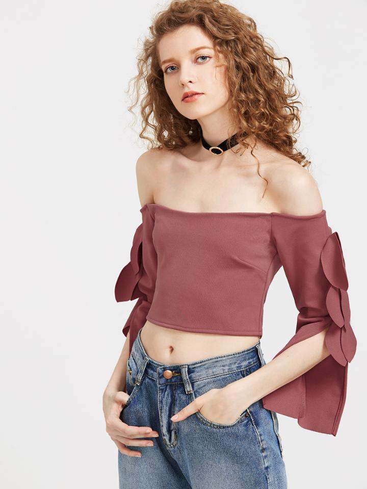 Shein Bardot Slit Sleeve Zipper Back Crop Top