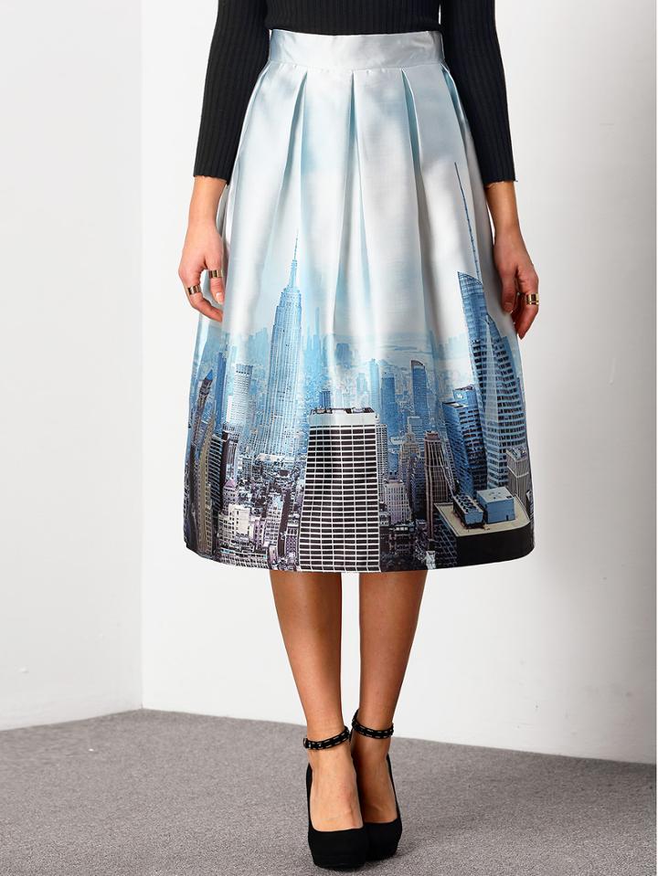 Shein Blue High Waist City Print Skirt